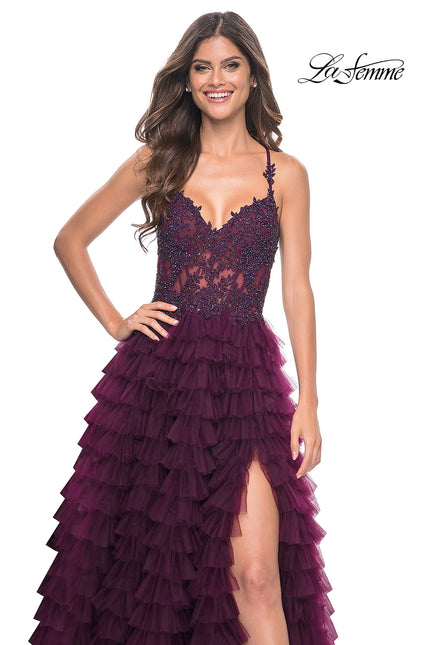 Picture of: Ruffle Tulle Prom Gown with Illusion Lace Bodice and High Slit in Dark Berry, Style: 32128, Detail Picture 3