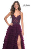 Picture of: Ruffle Tulle Prom Gown with Illusion Lace Bodice and High Slit in Dark Berry, Style: 32128, Detail Picture 3