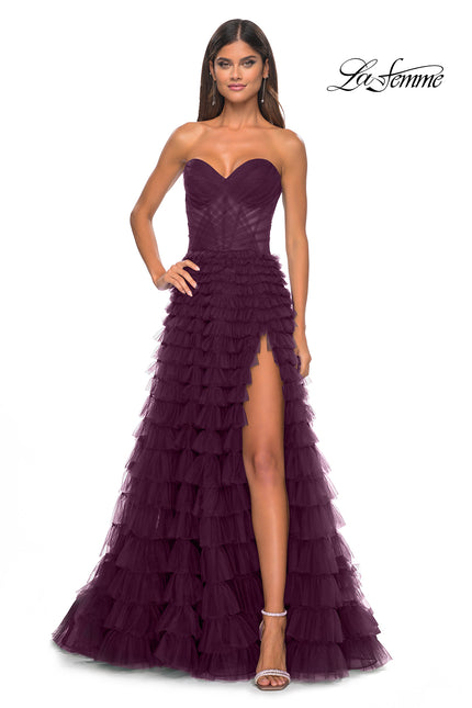 Picture of: A-Line Ruffle Tulle Prom Dress with Sweetheart Top in Dark Berry, Style: 32283, Detail Picture 3