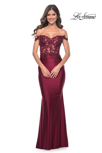 Picture of: Sheer Lace Bodice with Off the Shoulder Straps and Jersey Skirt Gown in Dark Berry, Style: 32302, Detail Picture 3