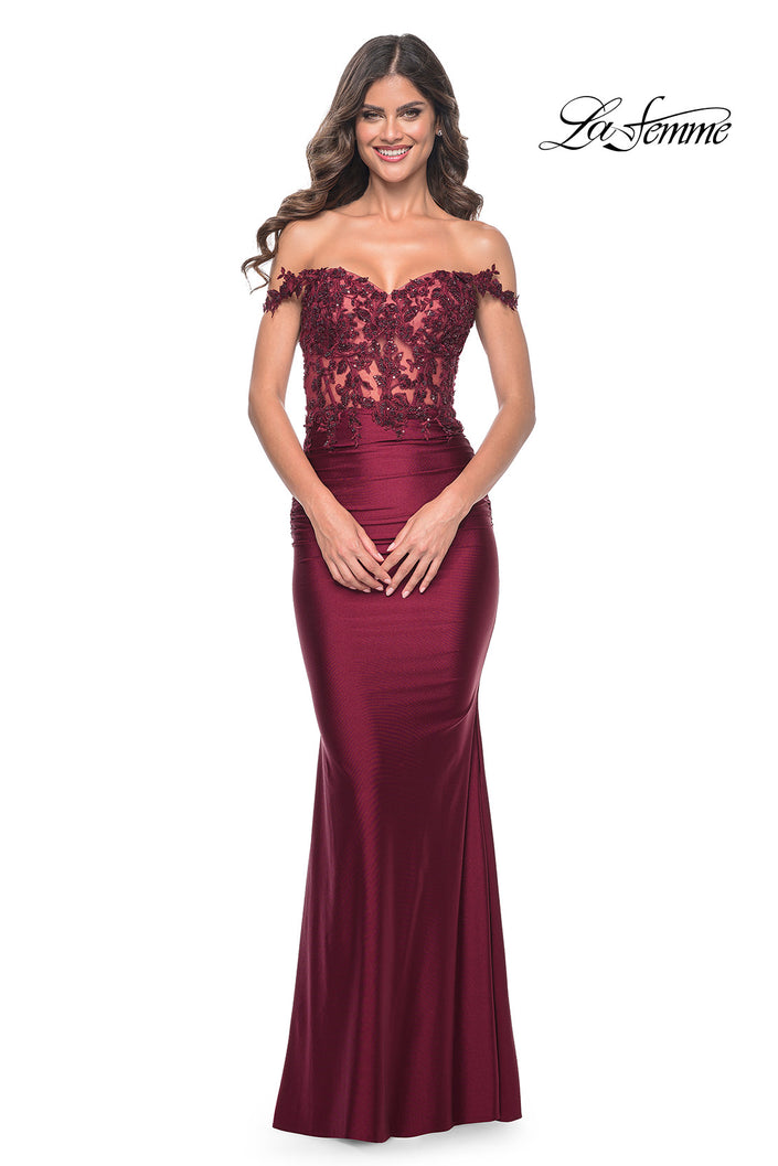 Picture of: Sheer Lace Bodice with Off the Shoulder Straps and Jersey Skirt Gown in Dark Berry, Style: 32302, Detail Picture 3