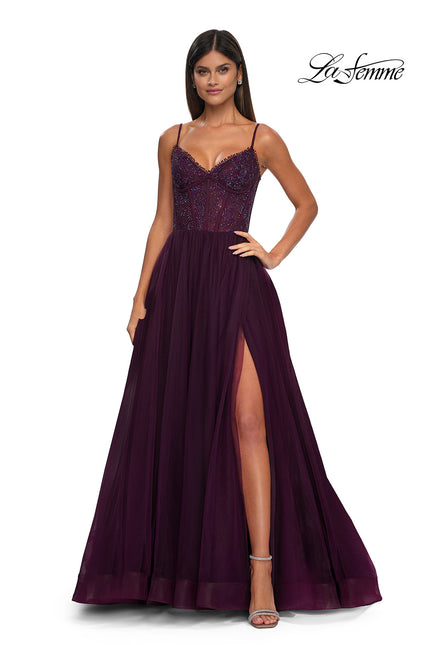 Picture of: Beautiful A-line Tulle Dress with Eyelet Neckline and Lace Top in Dark Berry, Style: 32594, Detail Picture 3