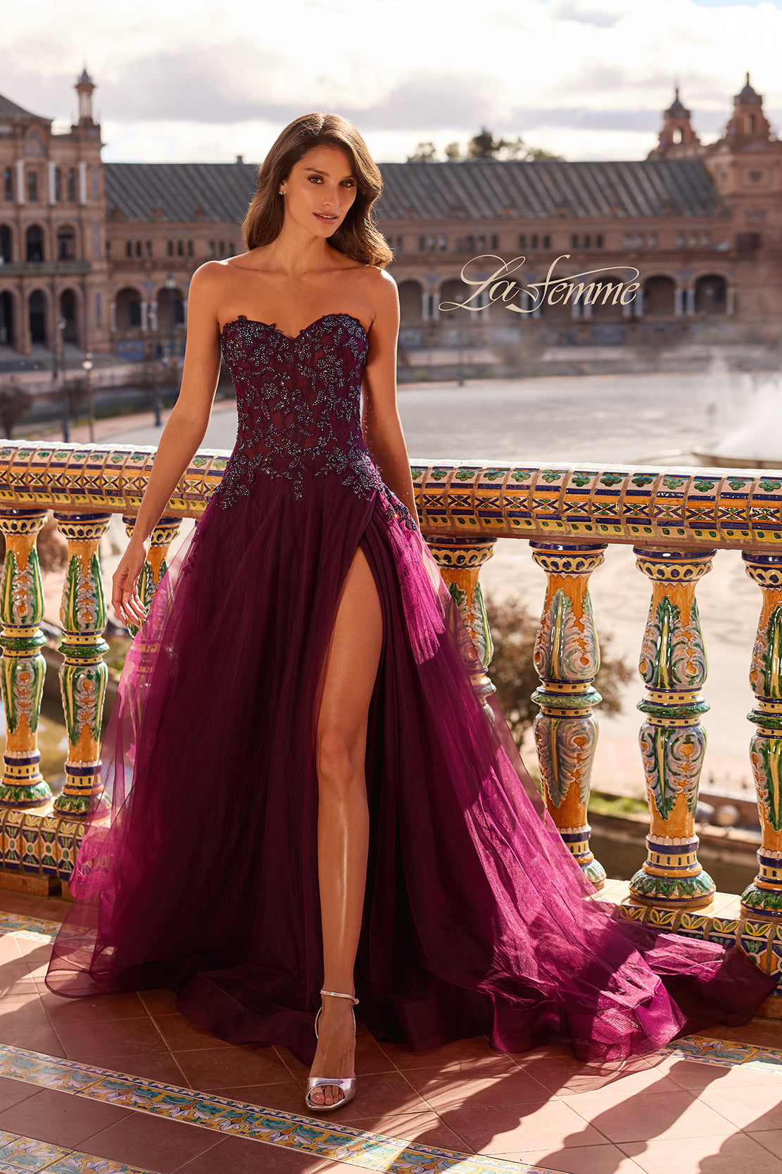 Picture of: Illusion Embroidered Lace Tulle Gown with Slit in Dark Berry, Style: 33551, Detail Picture 3