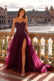 Picture of: Illusion Embroidered Lace Tulle Gown with Slit in Dark Berry, Style: 33551, Detail Picture 3