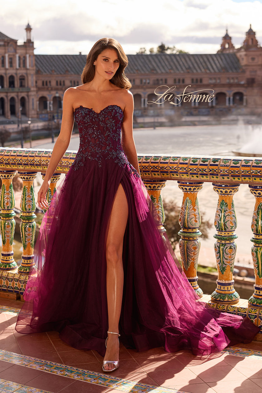 Picture of: Illusion Embroidered Lace Tulle Gown with Slit in Dark Berry, Style: 33551, Detail Picture 3