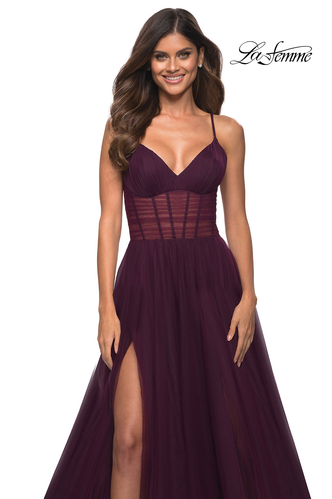 Picture of: Tulle A-line Prom Dress with Corset Sheer Bodice in Dark Berry, Detail Picture 4