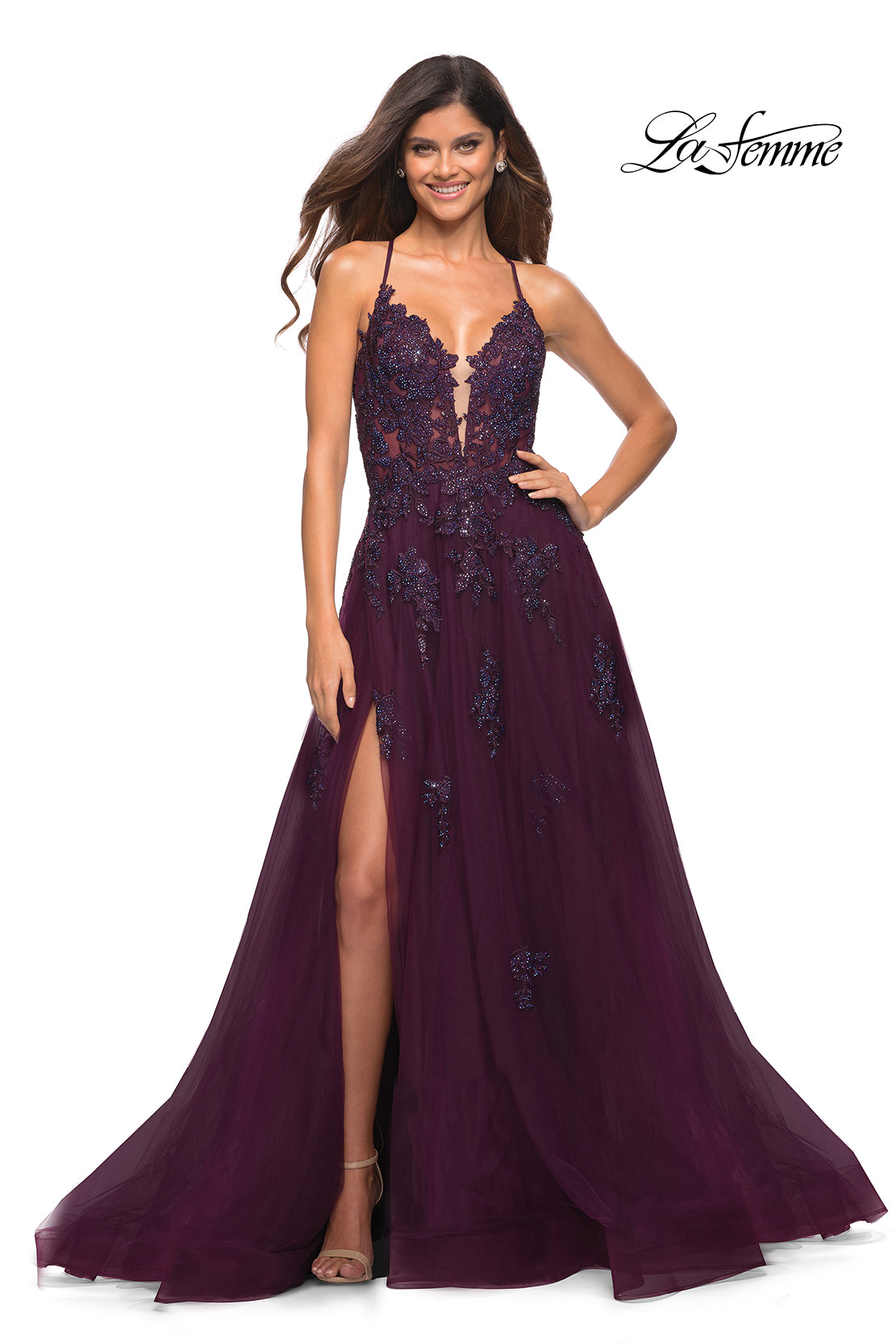 Picture of: Tulle A-line Dress with Jeweled Lace Appliques in Dark Berry, Detail Picture 4