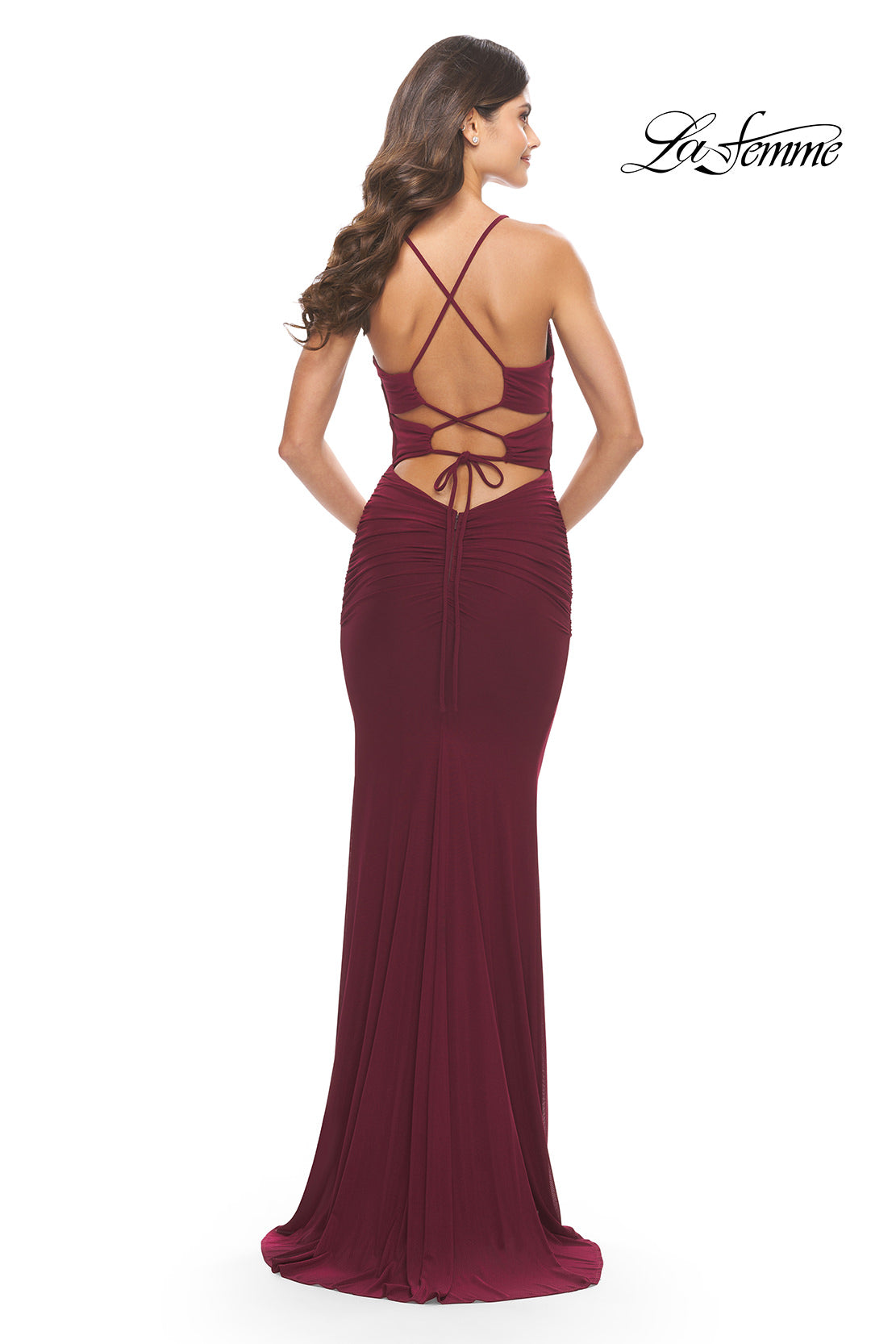 Picture of: Unique Cut Out Net Jersey Prom Dress in Dark Berry, Style: 31334, Detail Picture 4