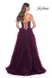 Picture of: Ruffle Tulle Prom Gown with Illusion Lace Bodice and High Slit in Dark Berry, Style: 32128, Detail Picture 4