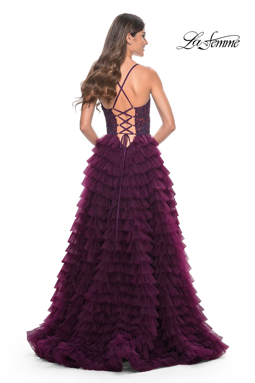 Picture of: Ruffle Tulle Prom Gown with Illusion Lace Bodice and High Slit in Dark Berry, Style: 32128, Detail Picture 4