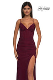 Picture of: Rhinestone Net Jersey Ruched Dress with Corset Top in Dark Berry, Style: 32753, Detail Picture 4