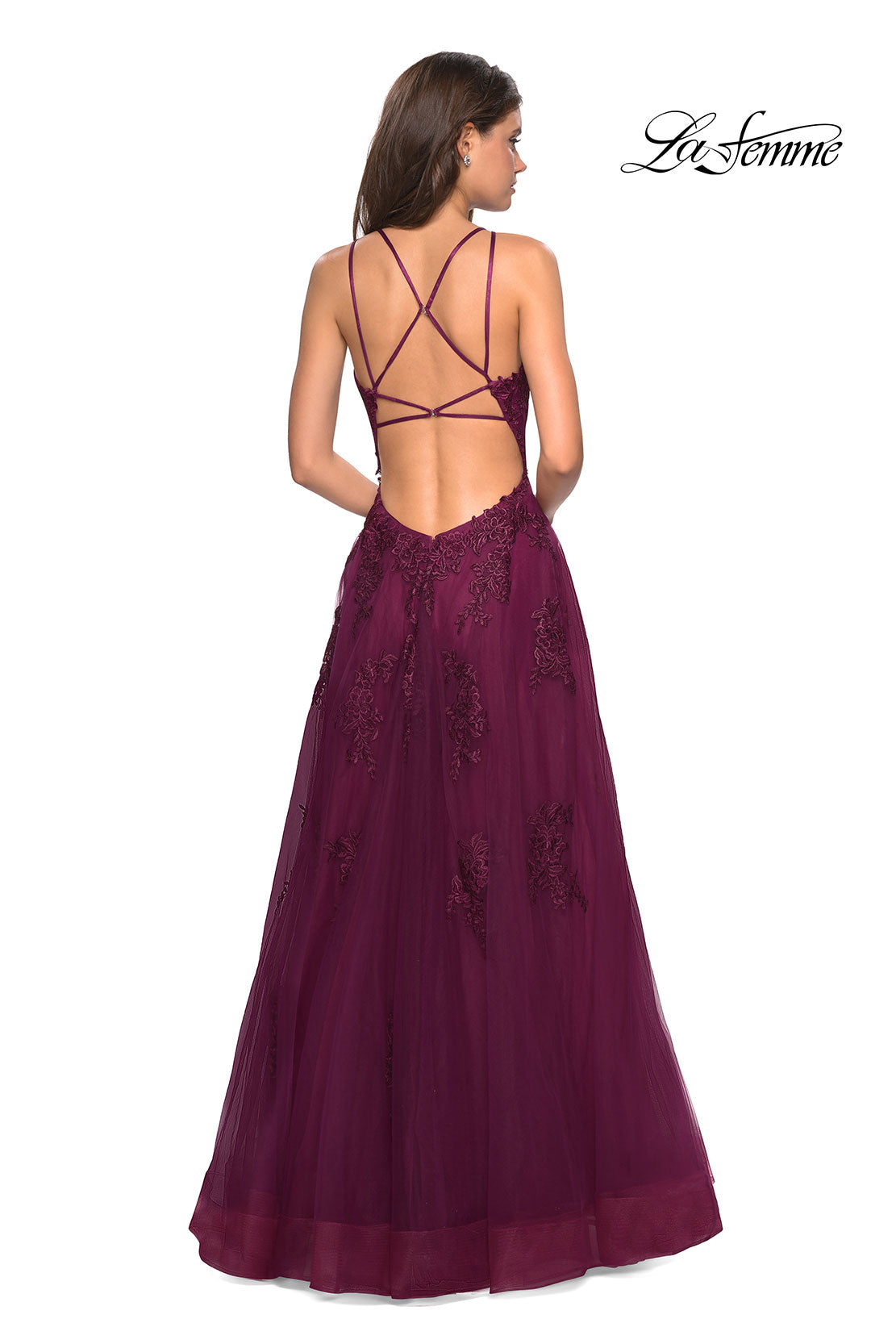 Picture of: Tulle Prom Dress with Lace Bodice and Strappy Back in Burgundy, Style: 27143, Detail Picture 5