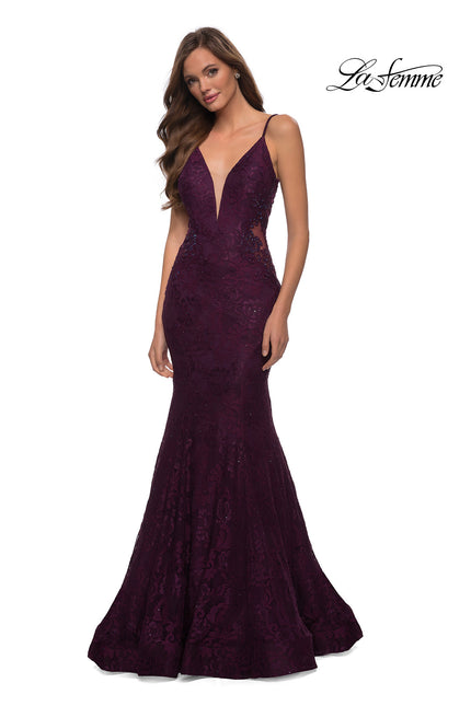 Picture of: Long Mermaid Lace Dress with Back Rhinestone Detail in Dark Berry, Style: 28355, Detail Picture 5