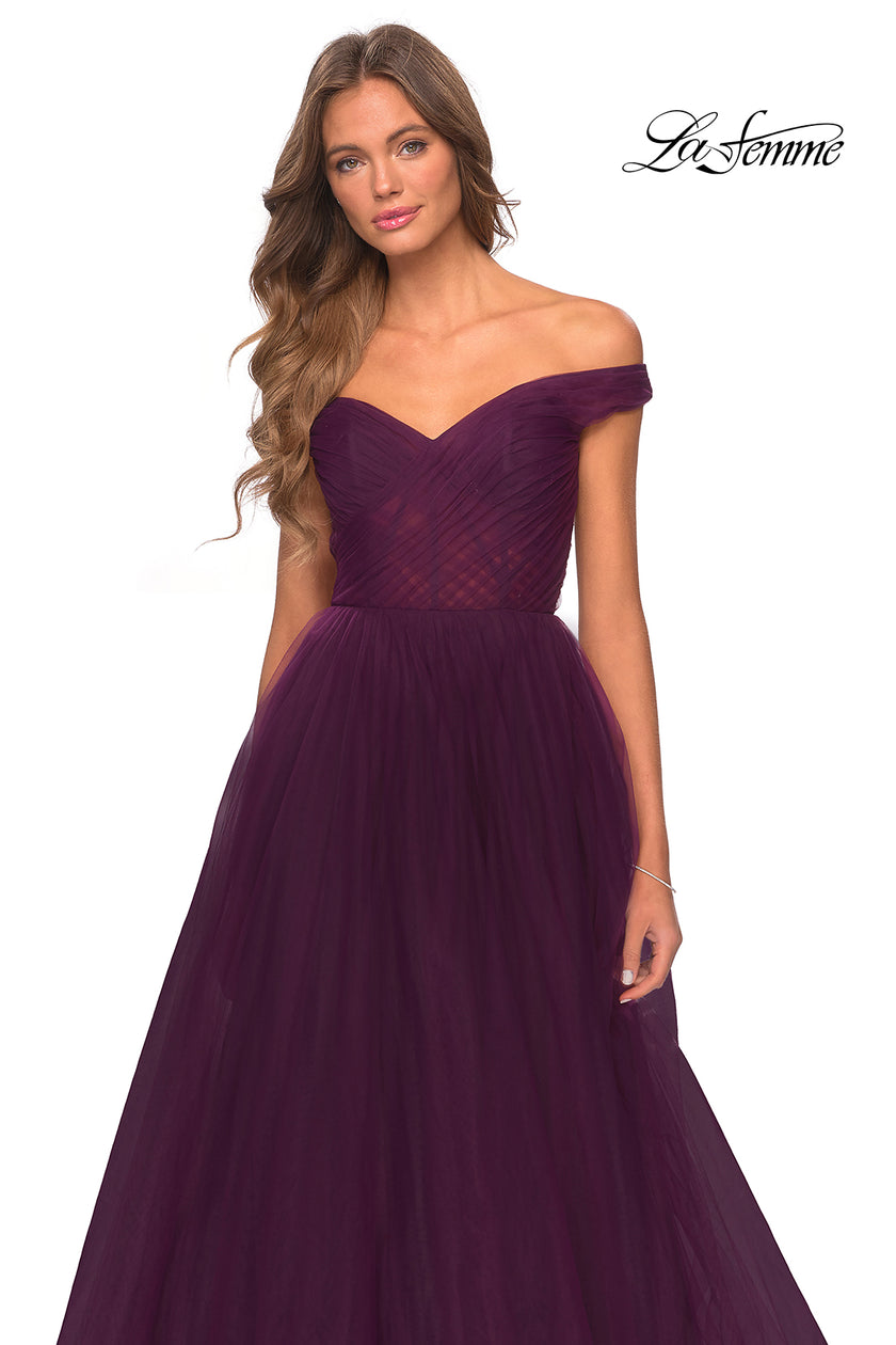 Picture of: Off The Shoulder Tulle Prom Dress with Sheer Bodice in Burgundy, Style: 28462, Detail Picture 5