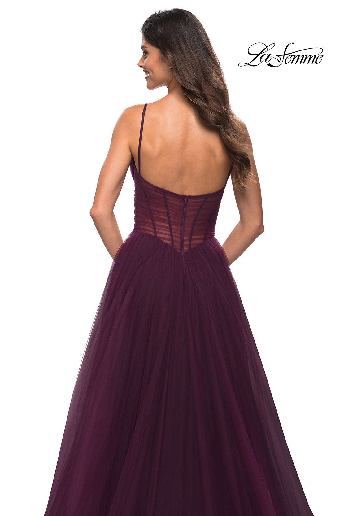 Picture of: Tulle A-line Prom Dress with Corset Sheer Bodice in Dark Berry, Detail Picture 5