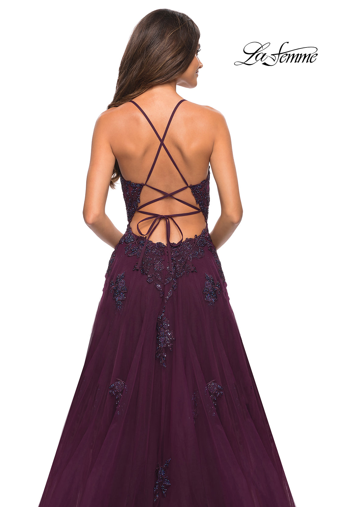 Picture of: Tulle A-line Dress with Jeweled Lace Appliques in Dark Berry, Detail Picture 5