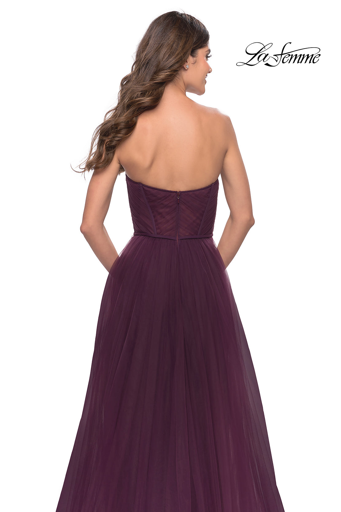 Picture of: Illusion Bodice A-line Gown with Boning and Defined Cups in Dark Berry, Style: 31205, Detail Picture 5