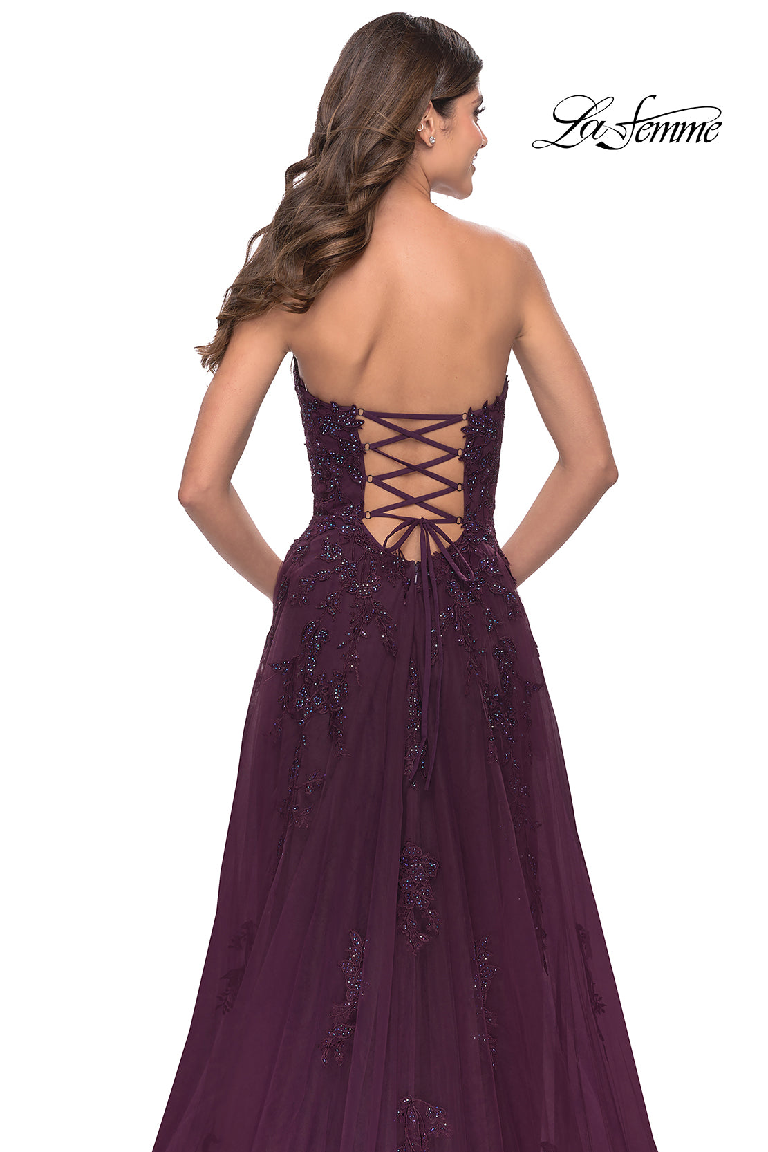 Picture of: Strapless Deep V A-Line Tulle and Lace Gown in Dark Berry, Style: 31345, Detail Picture 5