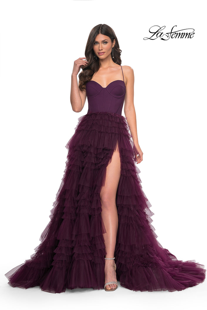 Picture of: Ruffle Tulle A-Line Dress with Satin Bustier Top in Purple, Style: 32071, Detail Picture 5