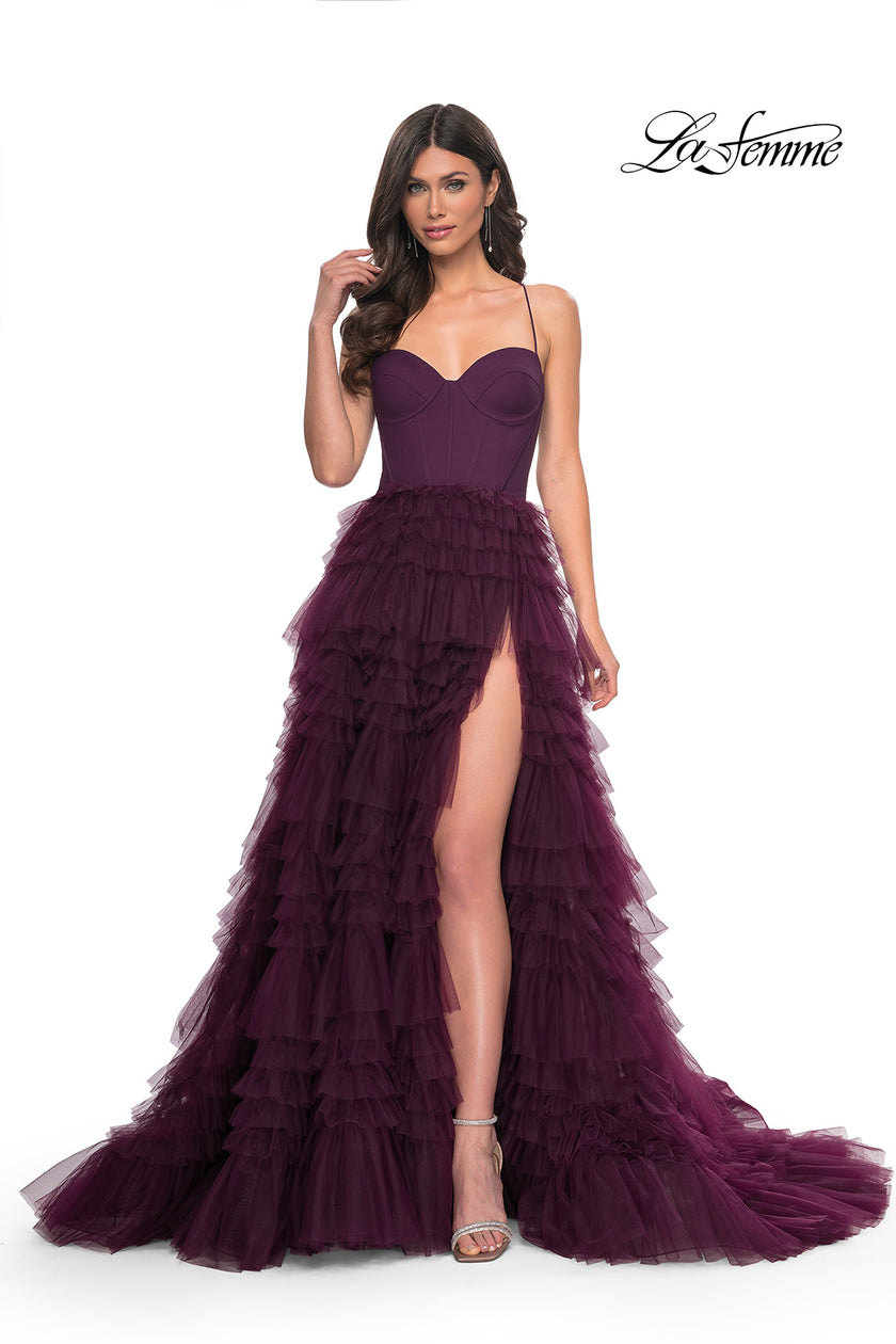 Picture of: Ruffle Tulle A-Line Dress with Satin Bustier Top in Purple, Style: 32071, Detail Picture 5