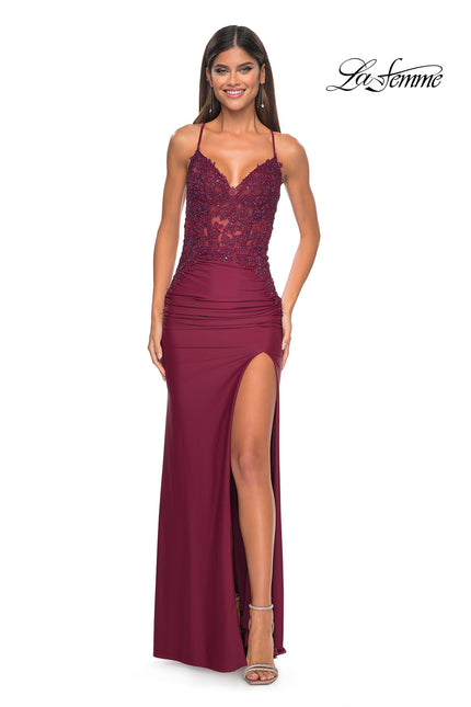 Picture of: Jersey Prom Dress with Illusion Sides and V Neckline in Dark Berry, Style: 32139, Detail Picture 5