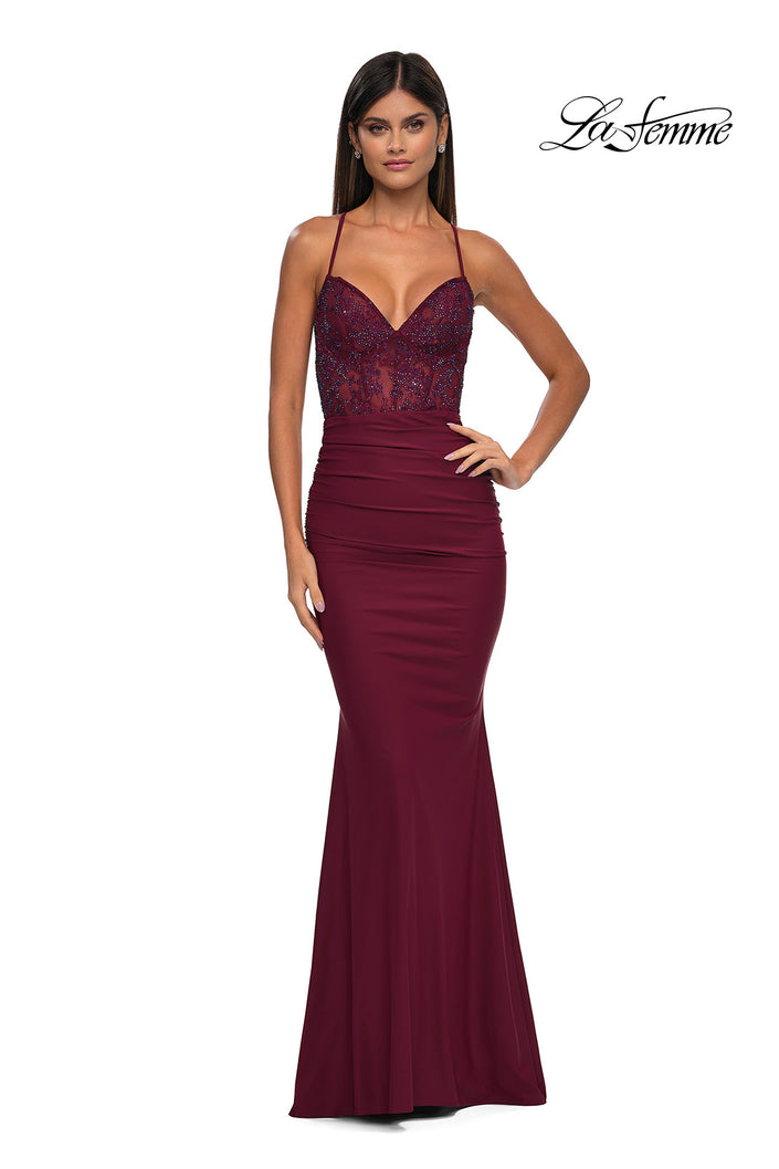 Picture of: Lace and Jersey Dress with Ruched Skirt and V Neckline in Dark Berry, Style: 32217, Detail Picture 5