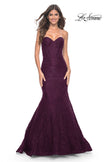 Picture of: Mermaid Stretch Lace Dress with Bustier Top and Sheer Back in Dark Berry, Style: 32249, Detail Picture 5