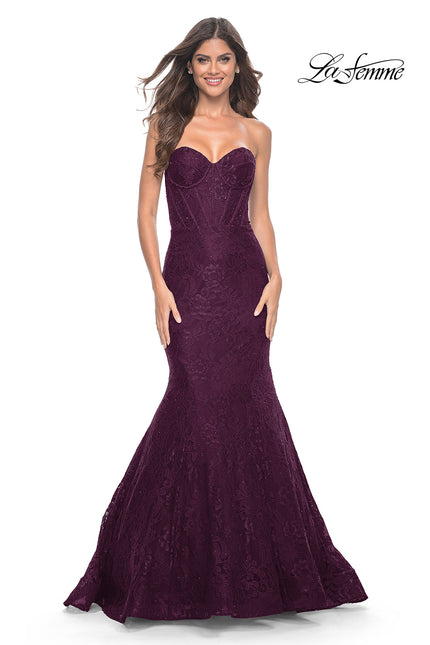 Picture of: Mermaid Stretch Lace Dress with Bustier Top and Sheer Back in Dark Berry, Style: 32249, Detail Picture 5