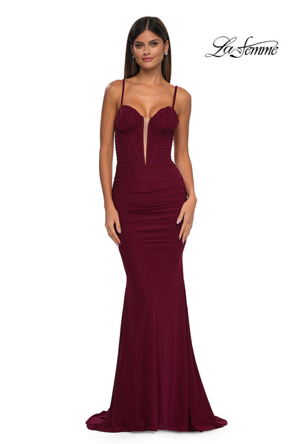 Picture of: Ruched Corset Top Prom Dress with Deep V in Dark Berry, Style: 32642, Detail Picture 5