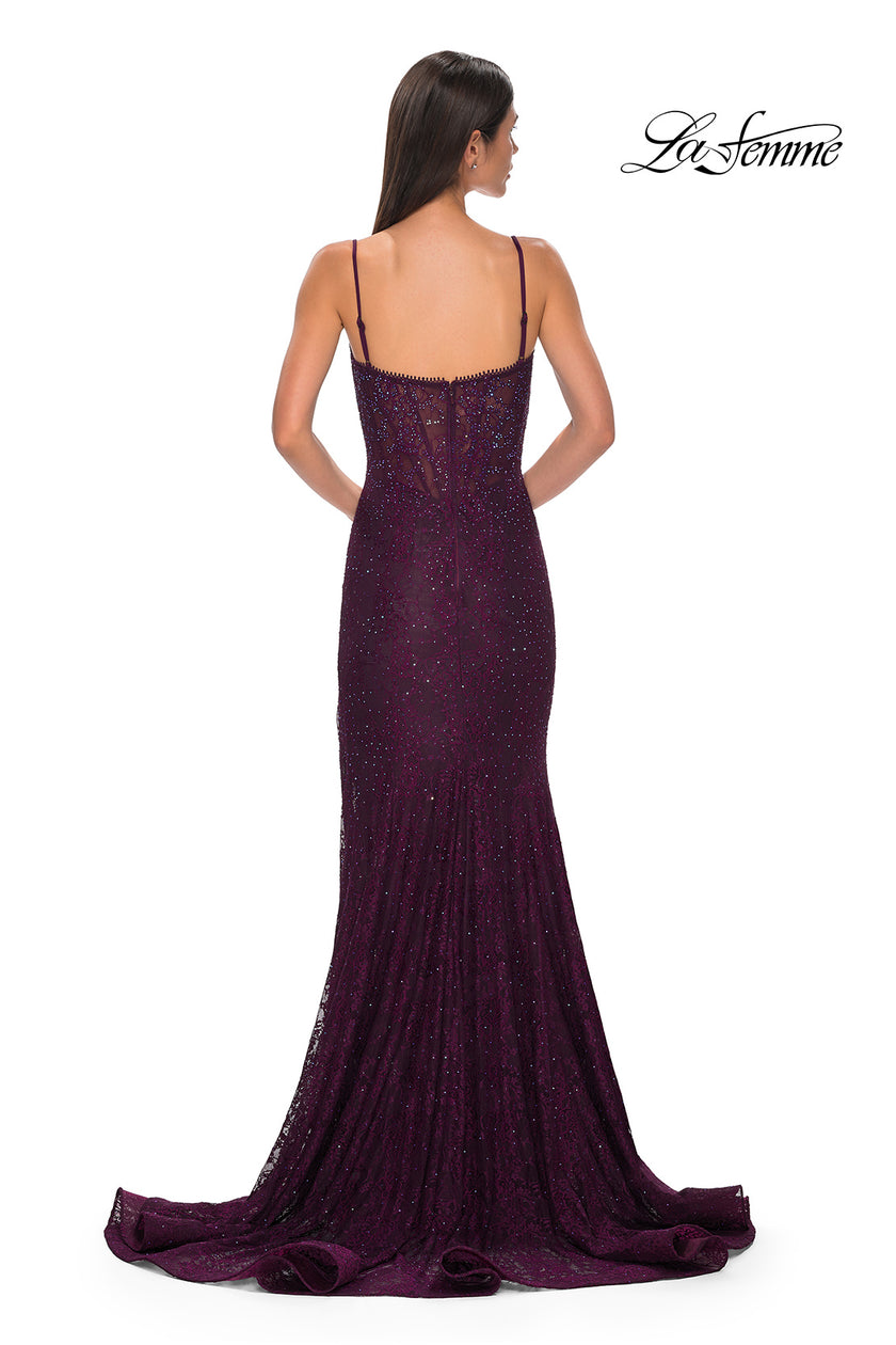 Picture of: Stretch Satin Prom Dress with Eyelet Detail Neckline in Dark Berry, Style 32671, Detail Picture 5