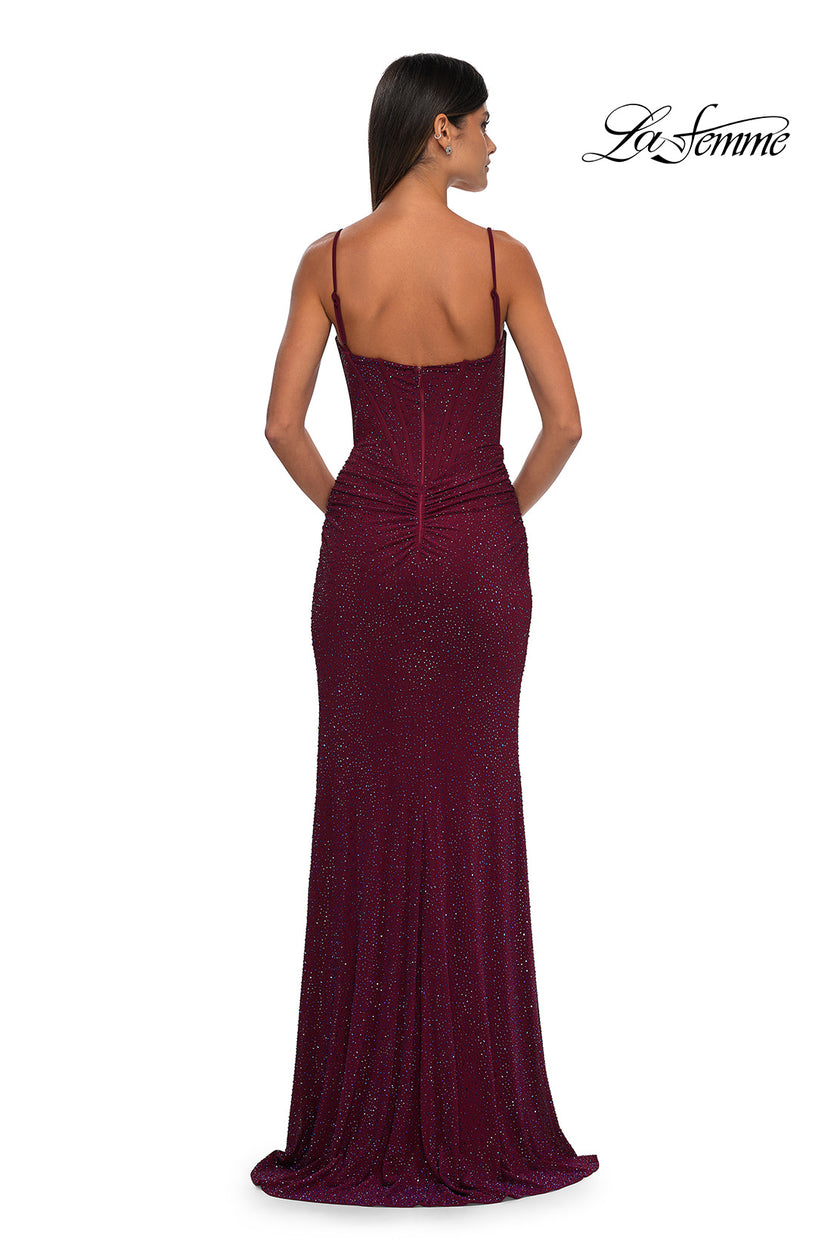 Picture of: Rhinestone Net Jersey Ruched Dress with Corset Top in Dark Berry, Style: 32753, Detail Picture 5