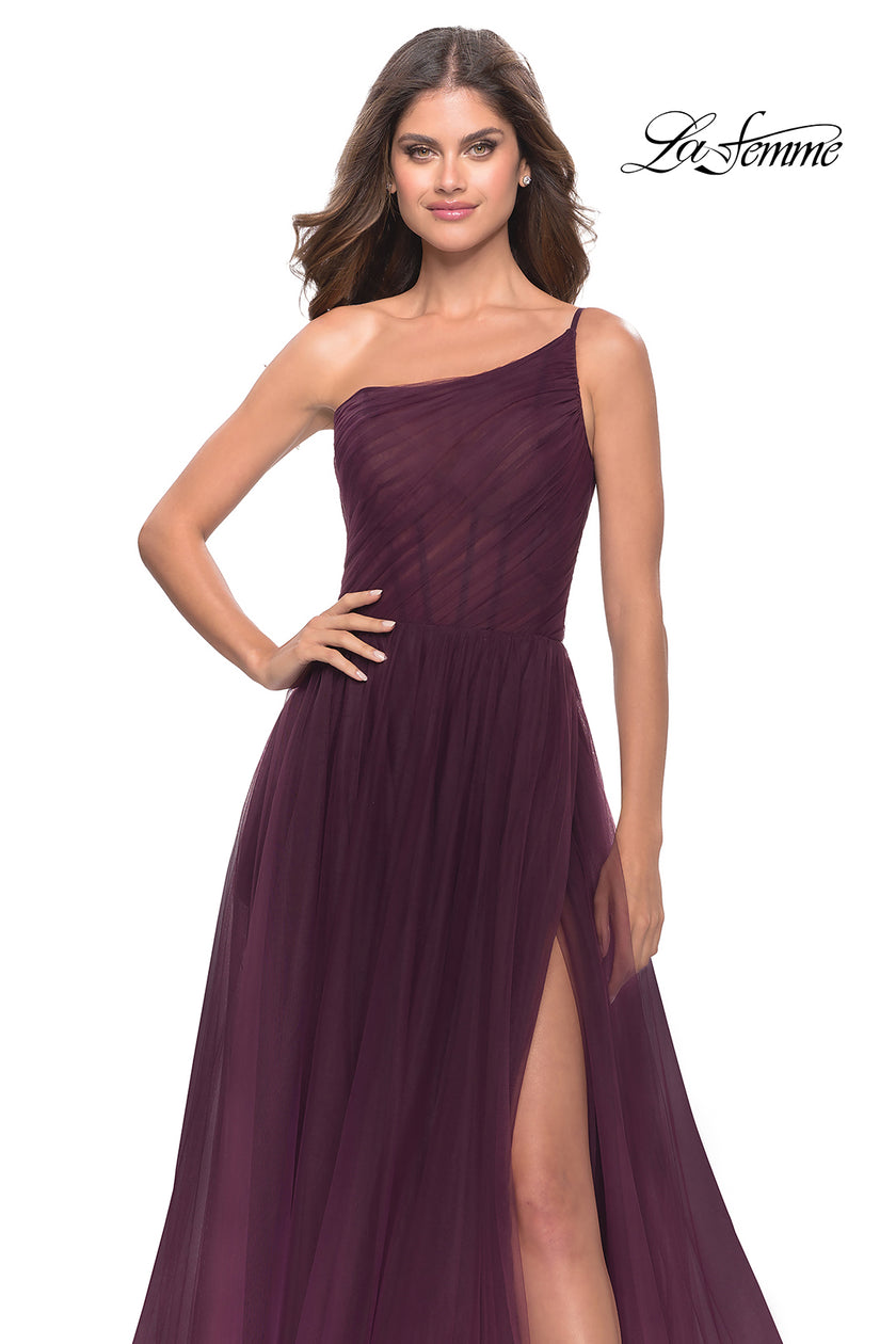 Picture of: One Shoulder A-Line Tulle Gown with Sheer Bodice in Dark Berry, Style: 31069, Detail Picture 6