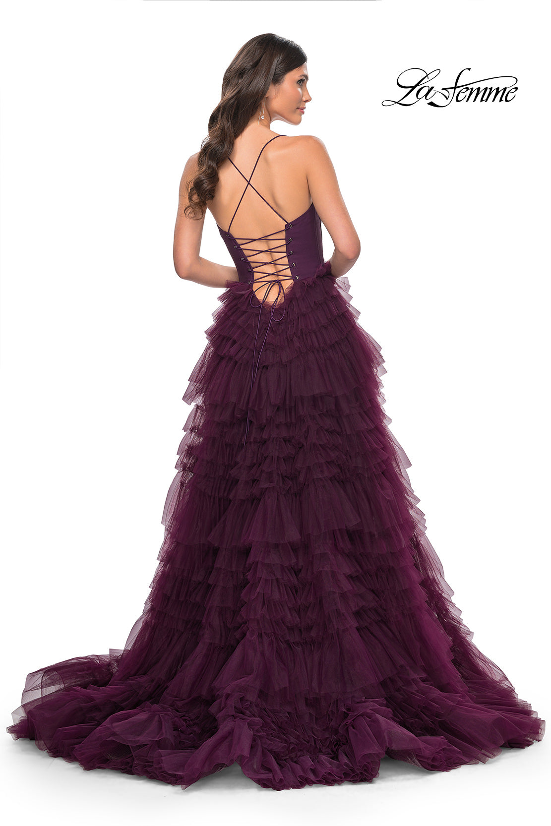 Picture of: Ruffle Tulle A-Line Dress with Satin Bustier Top in Purple, Style: 32071, Detail Picture 6
