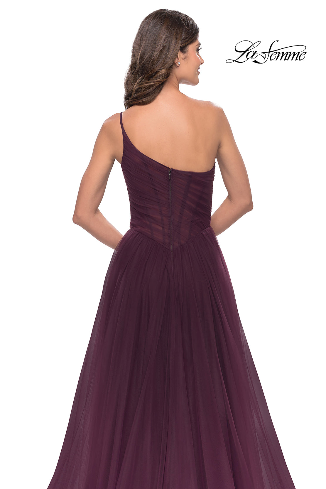 Picture of: One Shoulder A-Line Tulle Gown with Sheer Bodice in Dark Berry, Style: 31069, Detail Picture 7