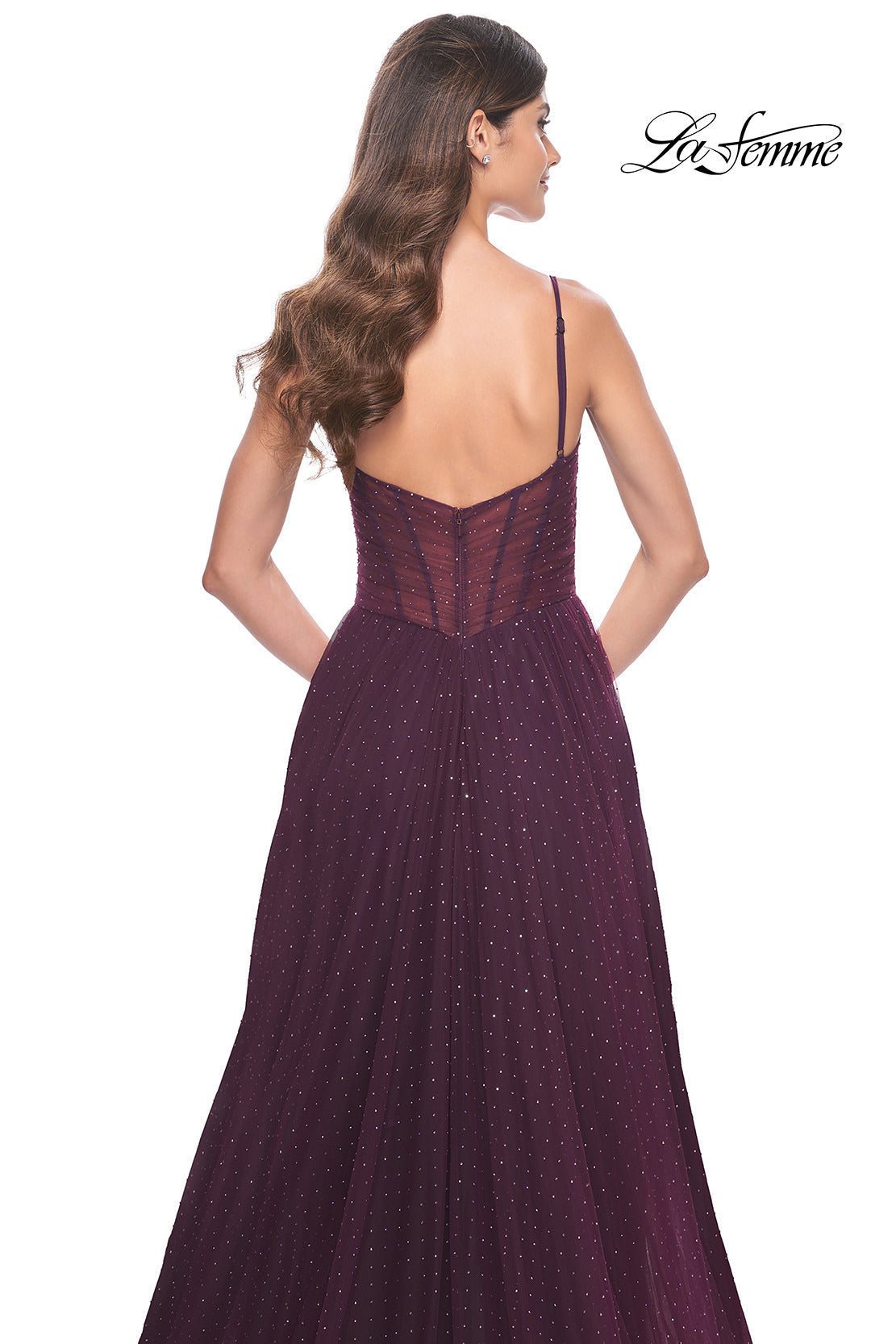 Picture of: A-Line Rhinestone Tulle Embellished Gown with Illusion Top in Dark Berry, Style: 31970, Detail Picture 7