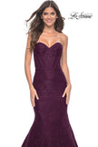 Picture of: Mermaid Stretch Lace Dress with Bustier Top and Sheer Back in Dark Berry, Style: 32249, Detail Picture 7
