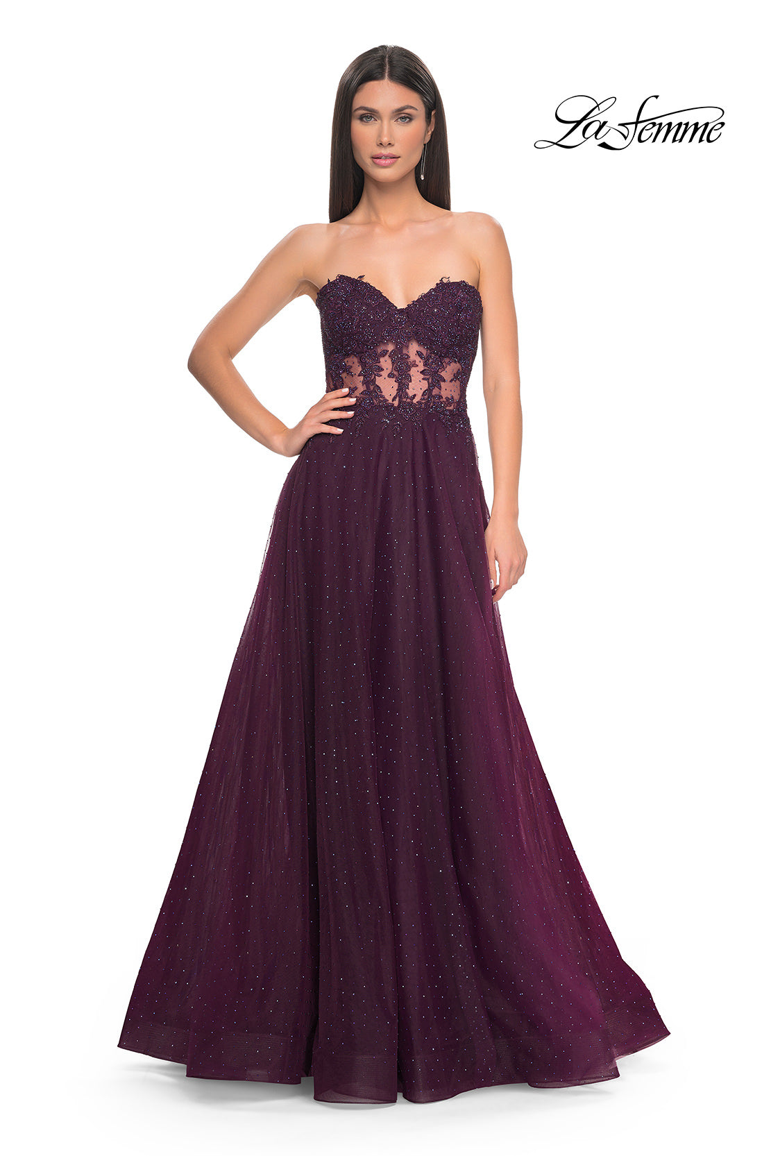 Picture of: A-Line Tulle Ballgown with Lace Illusion Bodice in Dark Berry, Style: 32313, Detail Picture 7