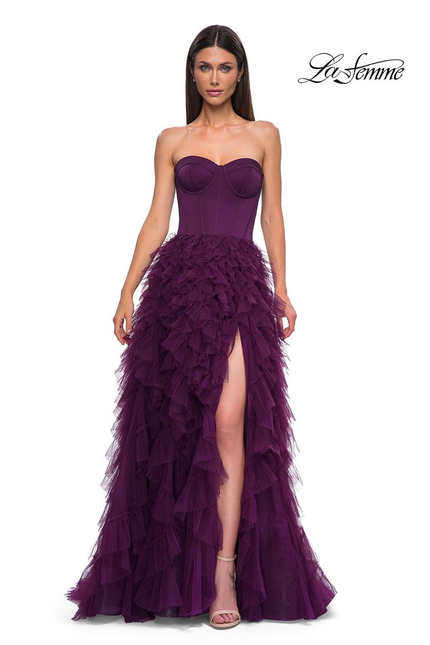 Picture of: Prom Dress with Tulle Ruffle Skirt and Satin Corset Top in Dark Berry, Style 32760, Detail Picture 7