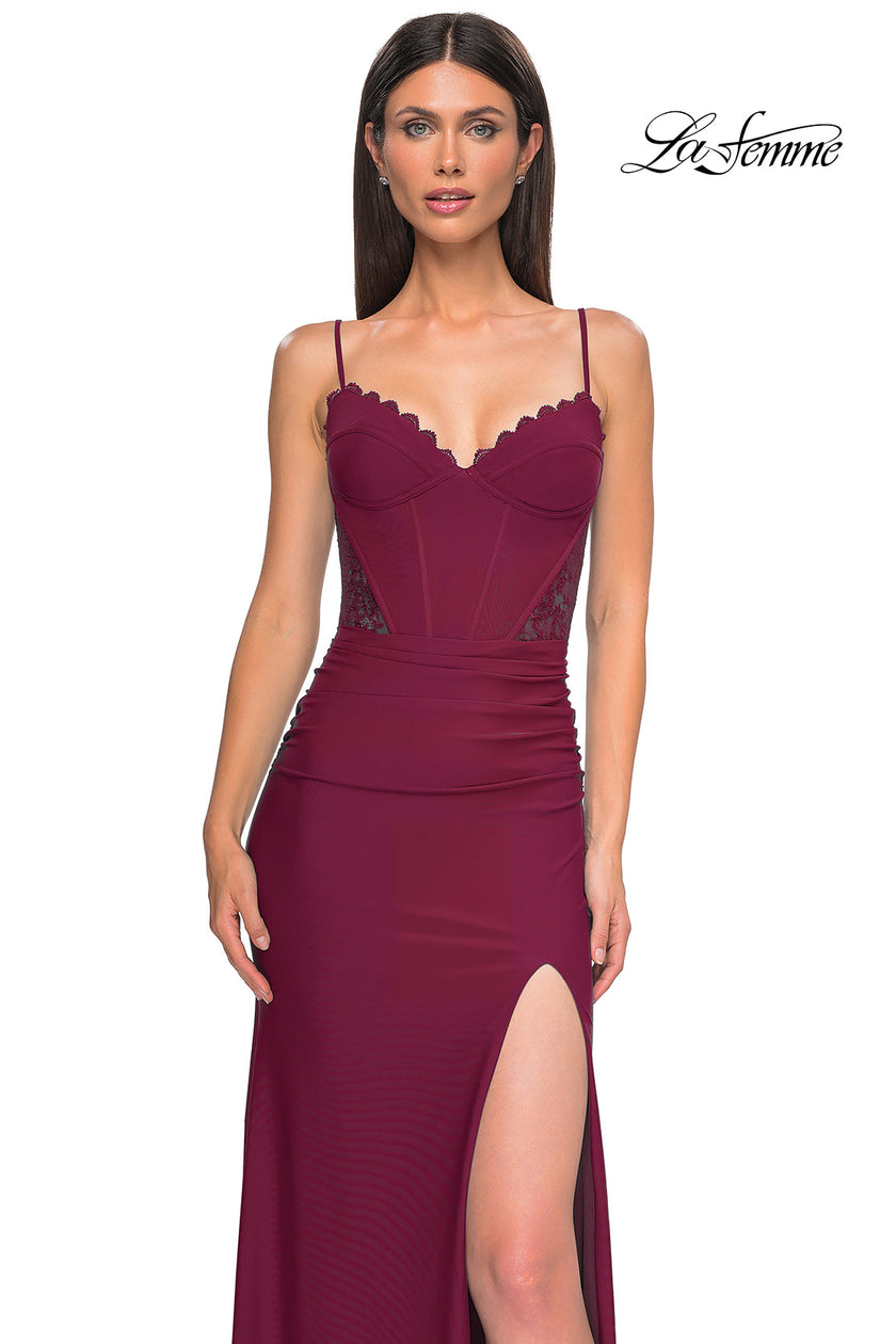 Picture of: Unique Jersey Prom Dress with Lace Panels and Scallop Neckline in Dark Berry, Style 32983, Detail Picture 7