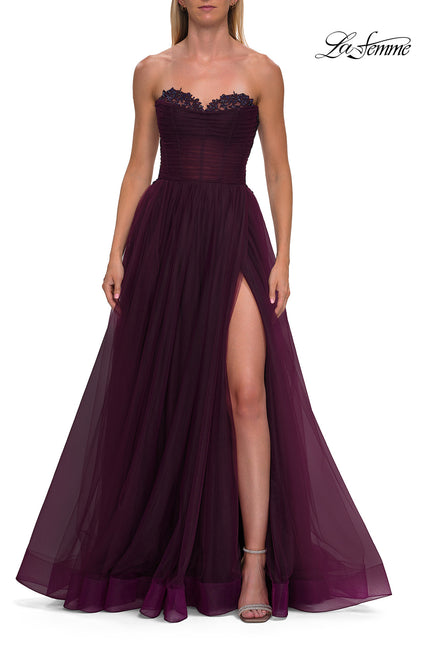 Picture of: Strapless Lace Corset Tulle Gown with Slit in Dark Berry, Style: 33363, Detail Picture 7