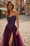 Picture of: Tulle Ball Gown with Beaded Corset Bodice and High Slit in Dark Berry, Style: 33410, Detail Picture 7