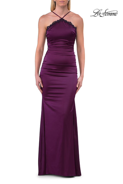 Picture of: Halter Satin Gown with Beaded Lace Trim and Open Back in Dark Berry, Style: 33735, Detail Picture 7