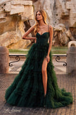 Picture of: Ruffle Tulle A-Line Dress with Satin Bustier Top in Dark Emerald, Style: 32071, Main Picture
