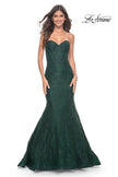 Picture of: Mermaid Stretch Lace Dress with Bustier Top and Sheer Back in Dark Emerald, Style: 32249, Detail Picture 9