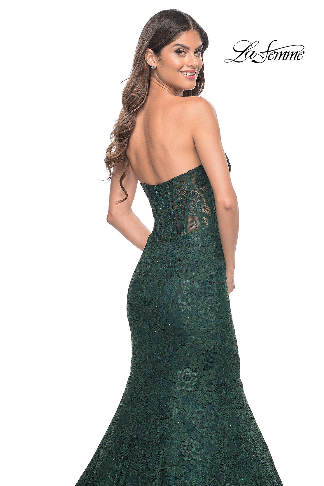 Picture of: Mermaid Stretch Lace Dress with Bustier Top and Sheer Back in Dark Emerald, Style: 32249, Detail Picture 13