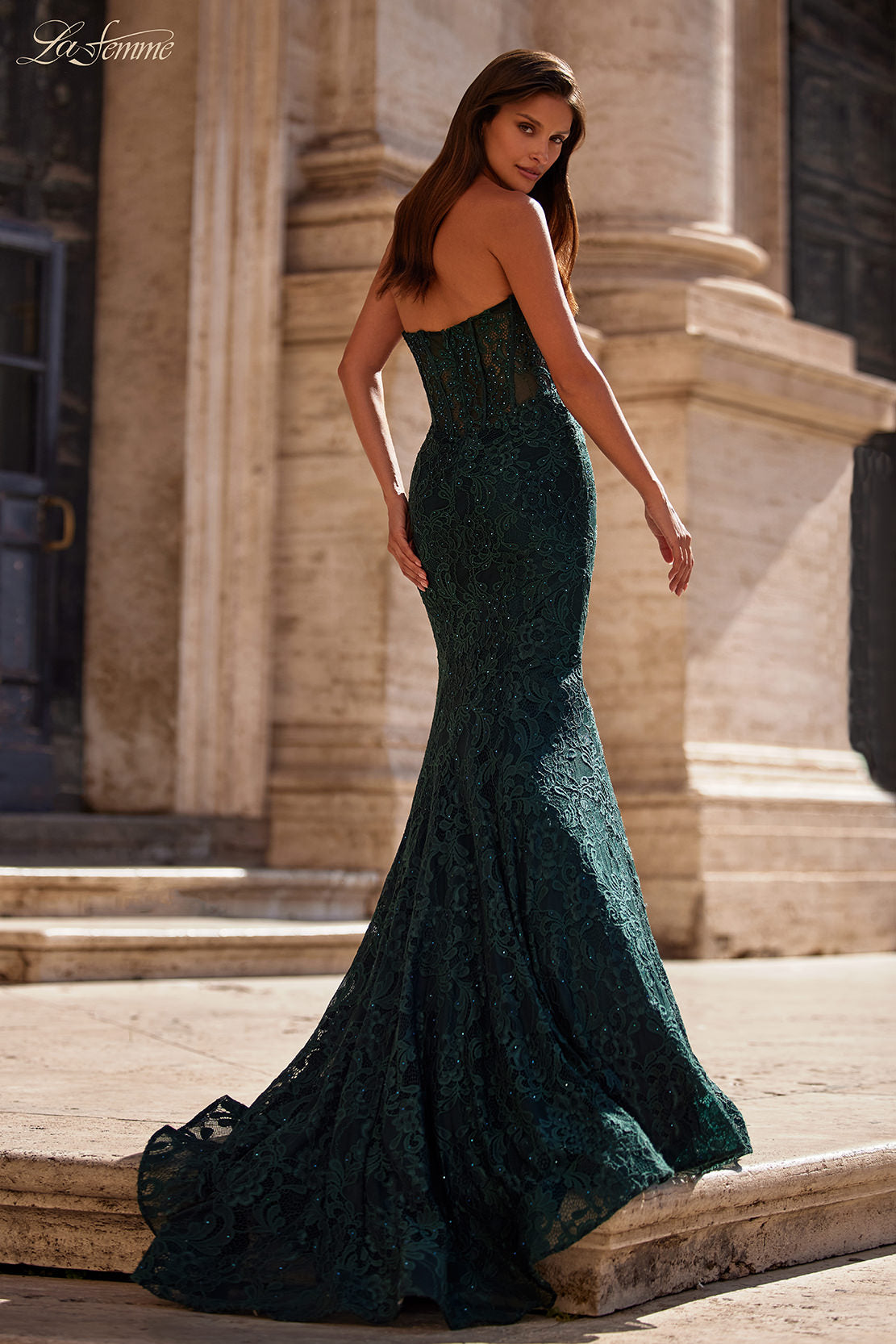Picture of: Mermaid Stretch Lace Dress with Bustier Top and Sheer Back in Dark Emerald, Style: 32249, Back Picture