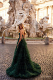 Picture of: Ruffle Tulle A-Line Dress with Satin Bustier Top in Dark Emerald, Style: 32071, Detail Picture 1