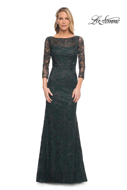 Picture of: Long Fitted Lace Gown with High Neckline and Sleeves in Green, Style: 30317, Main Picture