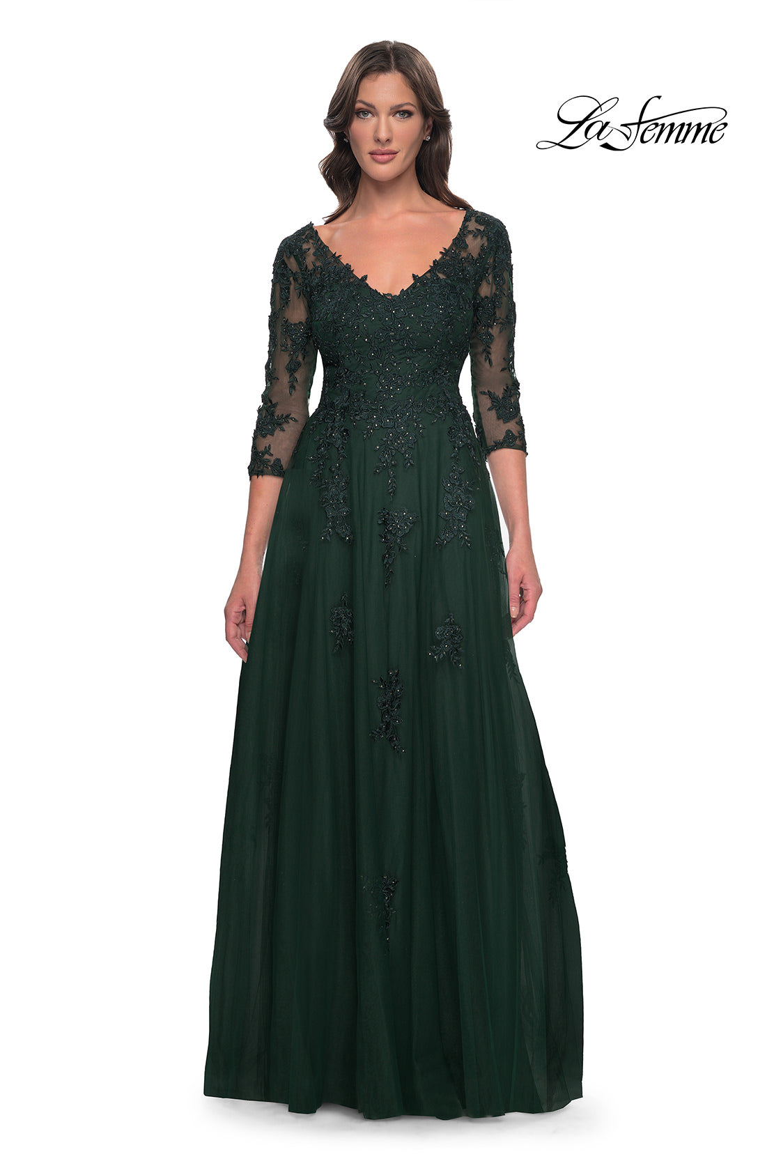 Picture of: Tulle and Lace A-Line Dress with V Neckline in Dark Emerald, Style: 30398, Main Picture