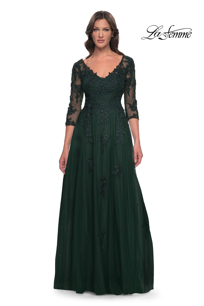 Picture of: Tulle and Lace A-Line Dress with V Neckline in Dark Emerald, Style: 30398, Main Picture